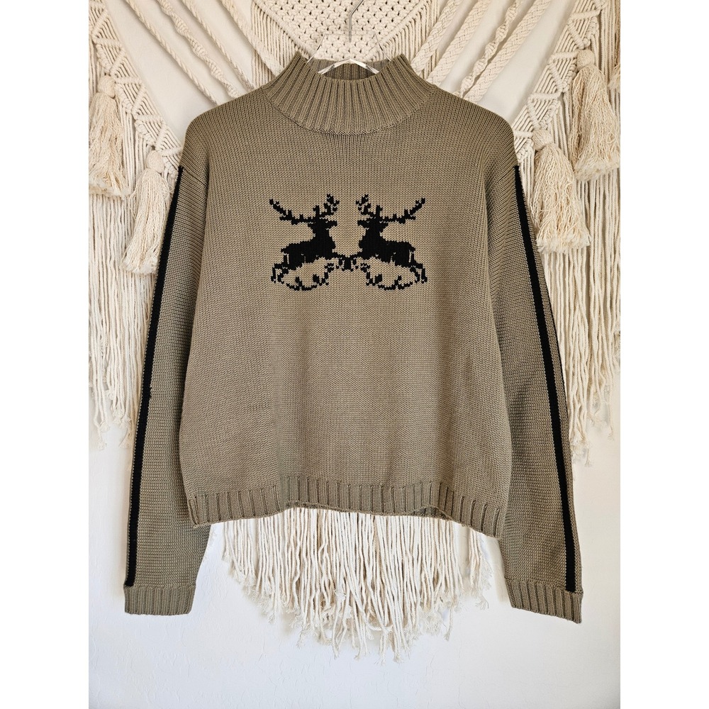 Vintage Obermeyer Ski Sweater Reindeer Knit Wool Blend Mock Neck Nordic Womens L - Picture 2 of 7